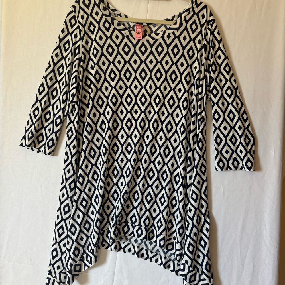 Honeyme Navy and White Diamond Pattern Asymmetrical Dress